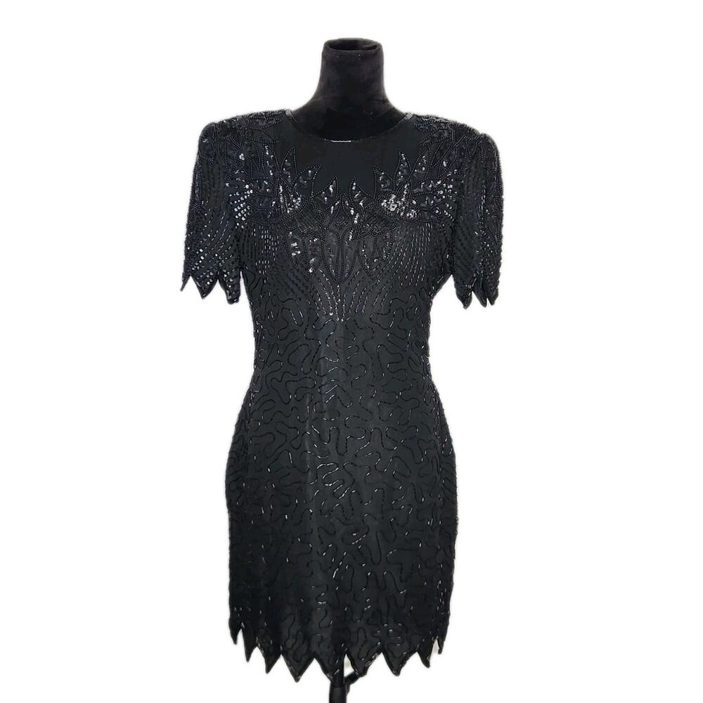 Denise Elle Vintage 80s Black Beaded Sequin Silk Cocktail Jagged Hem Dress PL